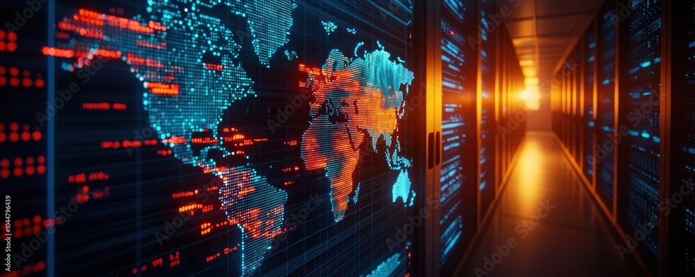 Aufkleber data center corridor with illuminated servers and digital world map projection.