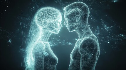 A digital man and woman face each other, illuminated by neural connections, symbolizing the merging of human relationships and futuristic technology.
