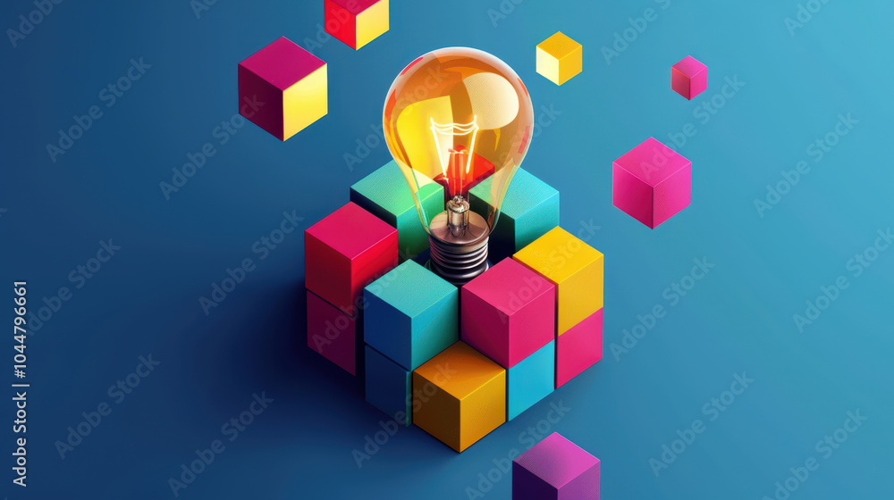 Poster creative business idea presented in colorful block style with light bulb symbolizing innovation and 