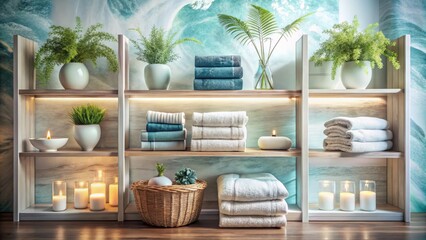 Elegant Double Exposure of Bathroom Towels on Shelves with Soft Textures, Tranquil Colors, and Inviting Atmosphere for Home Decor and Interior Design Inspiration