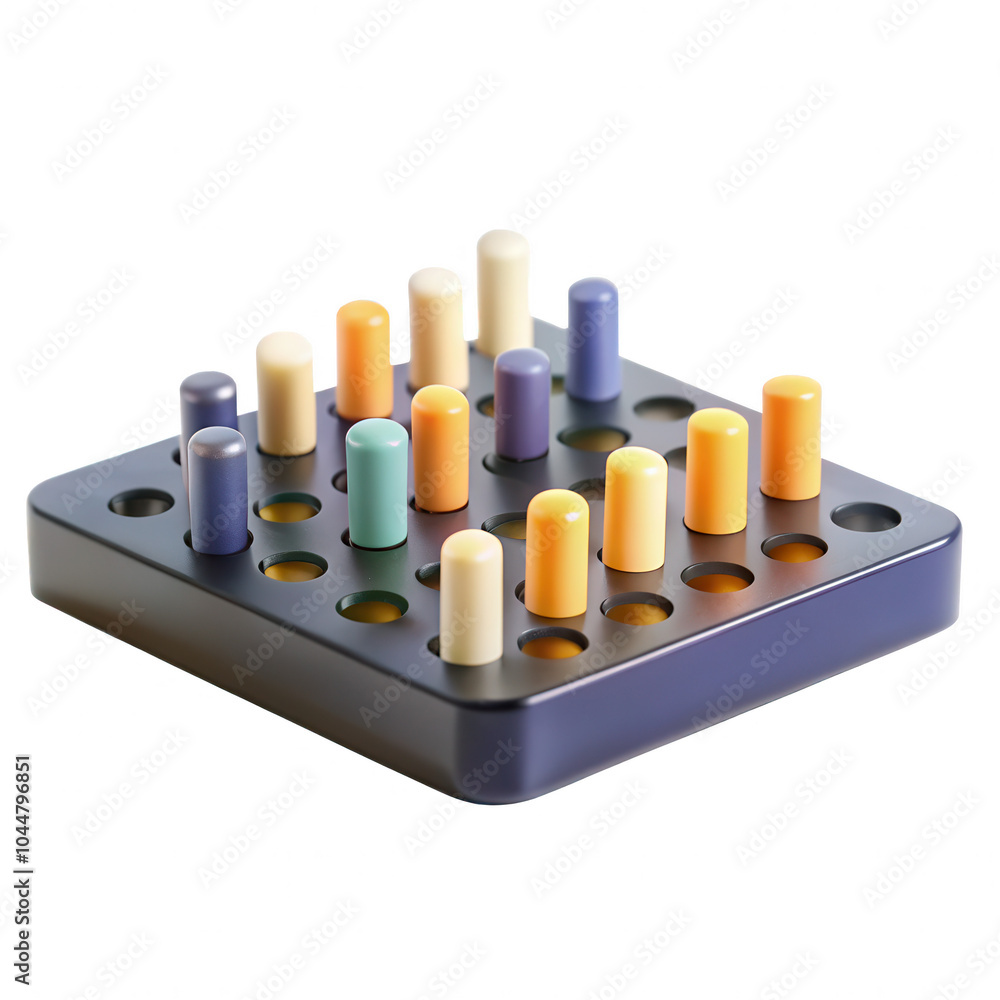 Poster a vibrant 3d rendering of a pegboard game with multi-colored pegs arranged on a square base, showcas