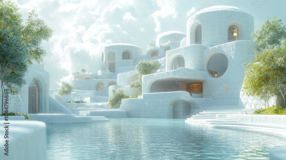Poster serene futuristic architecture by water with soft clouds.