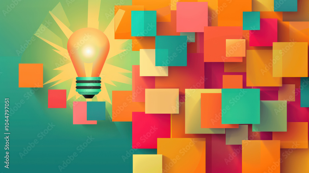 Poster creative business idea presented in colorful block style, featuring glowing light bulb symbolizing i