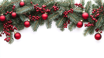 Christmas garland is made from fir branches with red balls	