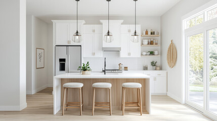 Modern kitchen design features white cabinetry, spacious island with wooden stools, and stylish pendant lighting, creating bright and inviting atmosphere
