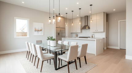 Fototapeta premium Modern dining room with glass table, stylish chairs, and pendant lighting. open layout features sleek kitchen in neutral color palette, creating warm and inviting atmosphere