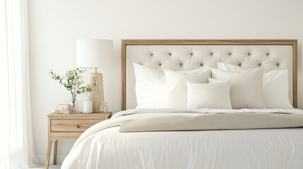 A serene bedroom featuring tufted headboard, soft white bedding, and stylish nightstand with lamp and decorative flowers. calming atmosphere invites relaxation and comfort