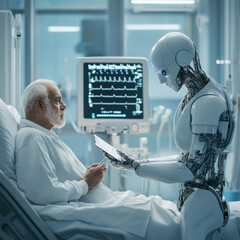 Humanoid AI robot taking care of a senior man in hospital and giving prescription. medicine and technology concept