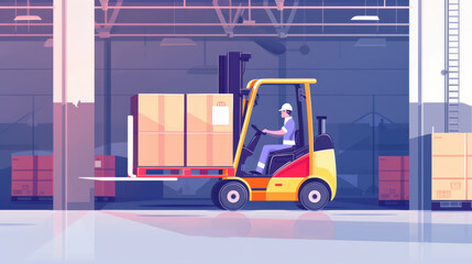Efficient warehouse operations are depicted with forklift transporting boxes, showcasing modern industrial setting. vibrant colors and clean lines emphasize productivity and teamwork