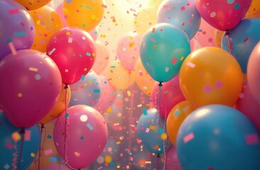 colorful balloons, confetti and streamers falling around. festive background 