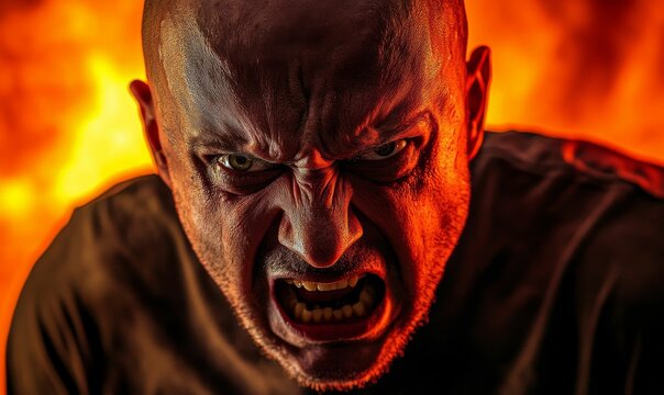 Angry man's face lit by fire.
