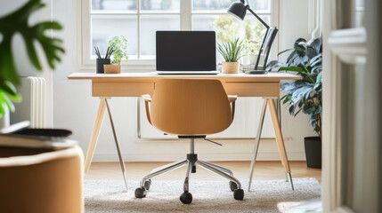 Fototapeta premium A modern home office setup featuring stylish desk, ergonomic chair, and various indoor plants. bright space is designed for productivity and comfort, creating serene work environment