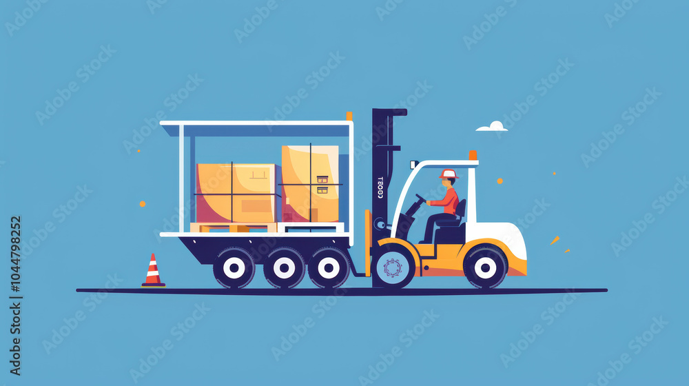 Poster efficient delivery process illustrated with forklift transporting boxes on trailer. scene captures e