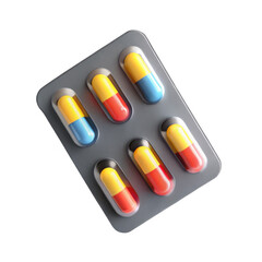 A vibrant array of capsules in yellow, red, and blue colors, displayed on a gray plate, emphasizing health and wellness.