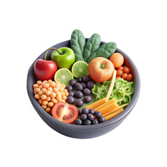 A vibrant and colorful bowl filled with various fresh fruits and vegetables including apples, carrots, and grapes. Healthy and nutritious food arrangement.