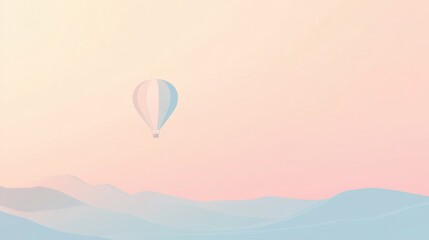 Obraz premium A single hot air balloon floats high above a pastel-colored mountain landscape, with a soft, warm sunrise glow.
