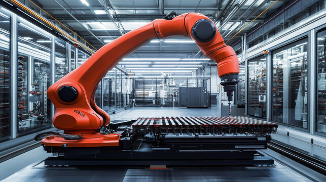 A robotic arm in an industrial setting, showcasing advanced automation technology. vibrant orange color contrasts with sleek machinery, highlighting innovation and efficiency in manufacturing processe