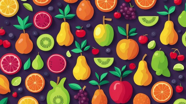 Stop motion vector loop cartoon animation, background with multicolored fruits in different sizes, abstract fluids cartoon background