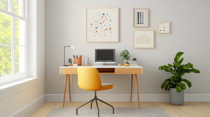 A modern home office featuring stylish desk with computer, potted plant, and decorative wall art. bright space is inviting and perfect for productivity