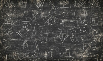 Obraz premium Chalkboard with scribbles, equations, and geometric shapes.