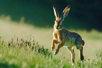 Naklejka premium A Captivating Moment: A Hare Leaps Through Lush Green Grass Under a Golden Sunlight, Radiating Joy and Freedom in Nature's Embrace