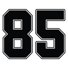 85 Classic Vintage Sport Jersey Uniform numbers in black with a black outside contour line number on white background for American football, Baseball and Basketball or soccer