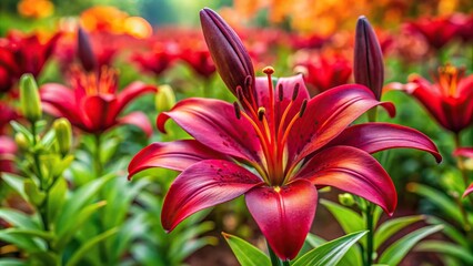 vibrant red asiatic lily blooming in flower garden