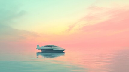 Obraz premium A small white plane floats on the surface of a calm body of water at sunrise, with a colorful sky behind it.