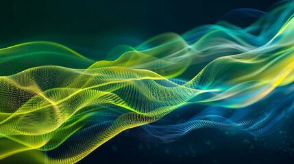 Fototapeta premium Abstract digital wave pattern with blue and green glowing particles.