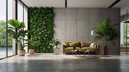 Blank concrete wall in modern empty room with tropical plant garden Luxury house interior with green palm trees Minimal architecture design business concept.