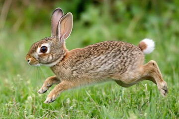 Fototapeta premium A Joyful Rabbit in Mid-Jump, Capturing the Essence of Nature’s Beauty and Vitality in a Lush Green Meadow Under Soft Lighting