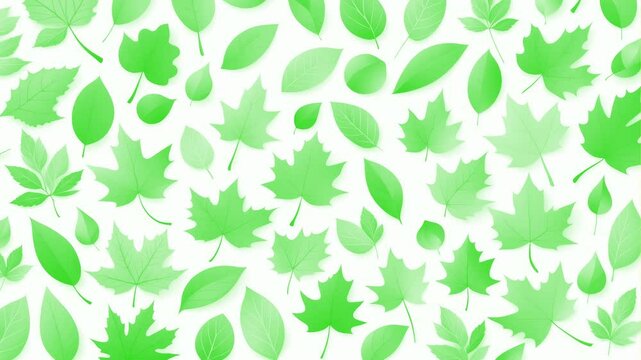 Stop motion loop animation, light background with vector green leaves of different sizes