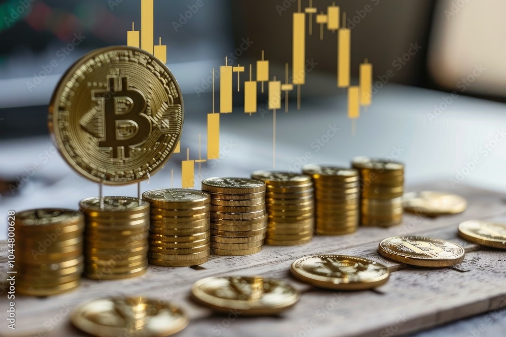 Poster stacks of golden coins increasing with a bitcoin cryptocurrency on top and a chart showing growth