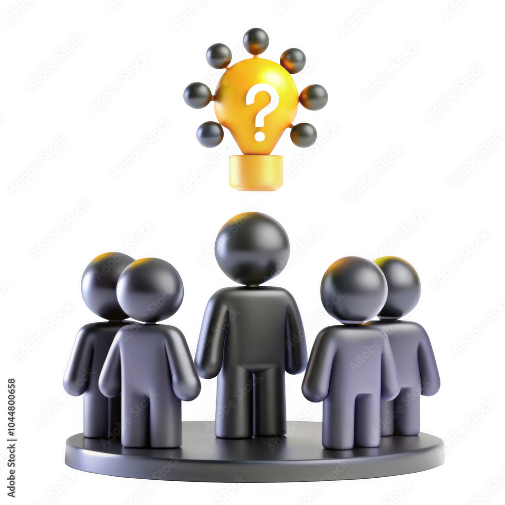 Poster a group of stylized figures representing diverse nationalities discussing an idea inspired by a ligh