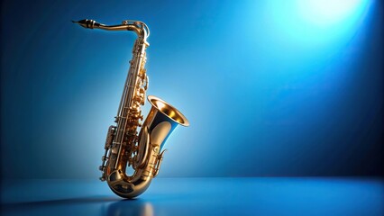 Naklejka premium Shiny saxophone on left side with blue background for copy space