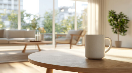 Fototapeta premium A cozy living room scene featuring white mug on wooden table, with soft sunlight illuminating space. background includes comfortable sofa and greenery, creating warm atmosphere