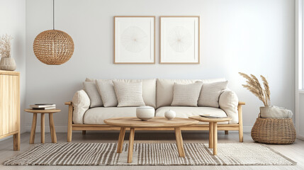 A cozy living room featuring light colored sofa adorned with soft pillows, complemented by wooden furniture and decorative elements. serene atmosphere is enhanced by natural textures and neutral tones