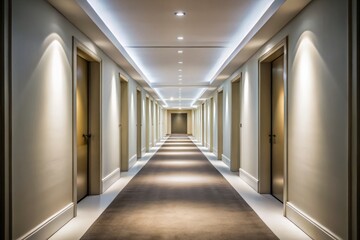 Elegant White Hotel Corridor Silhouette Photography, Minimalist Interior Design, Modern Architecture, Clean Lines, Tranquil Ambiance, Hotel Aesthetics, Luxurious Space, Serene Hallway, Hotel Decor
