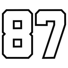 87 Classic Vintage Sport JerseyUniform numbers in black with a black outside contour line number on white background for American football, Baseball and Basketball or soccer