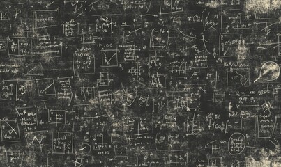 Blackboard filled with chalk scribbles and math equations.