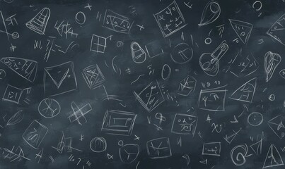 Chalkboard filled with random scribbles and shapes.
