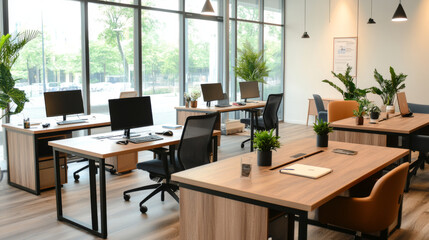 Modern office interior with wooden desks, plants, and large windows creating bright and inviting workspace. layout promotes productivity and comfort