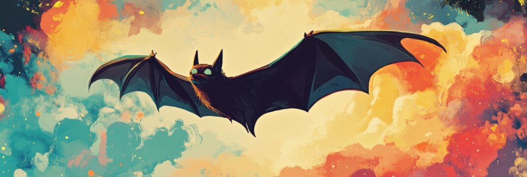 A quirky Pop art style bat flying through a bright, comic book inspired night sky