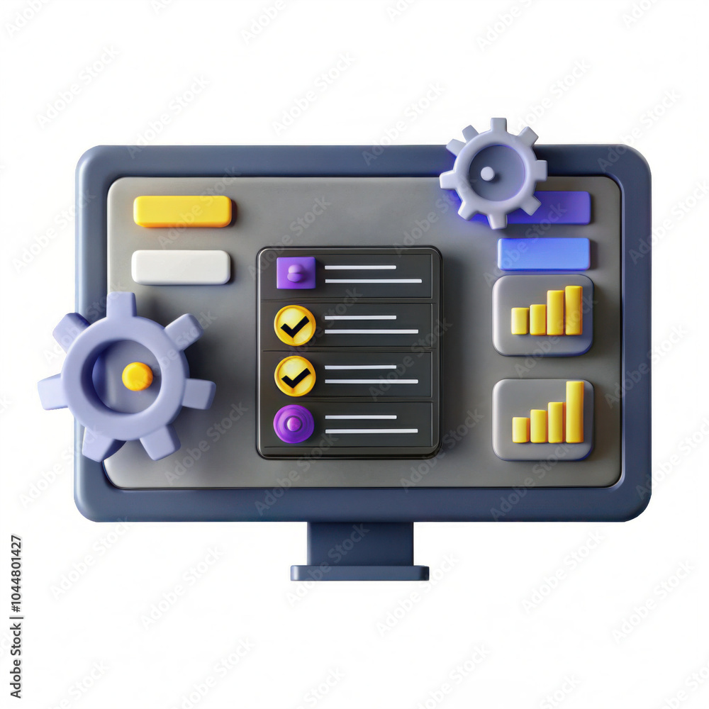 Poster a stylish and colorful 3d render of a digital control panel featuring various charts, checklists, an