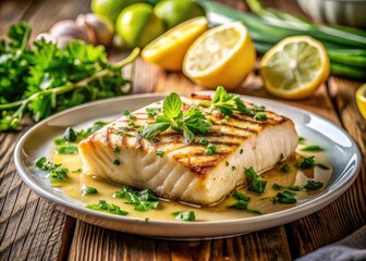 Grilled Halibut with Lemon Butter and Herbs in Beautiful Lighting - Culinary Delight, Delicious Seafood Dish, Gourmet Presentation, High Depth of Field Photography