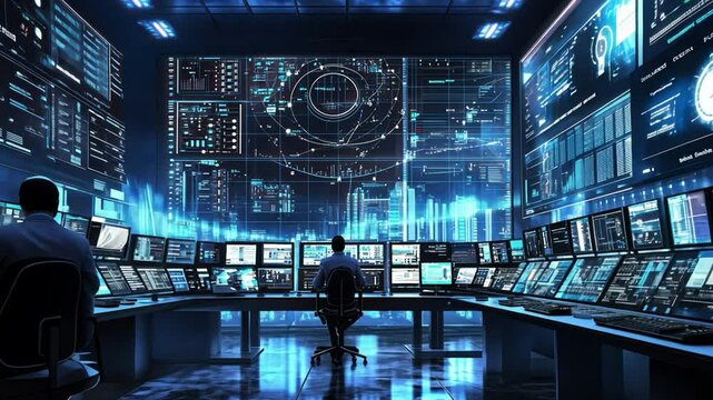 Telecommunications company control room with project manager and engineer.