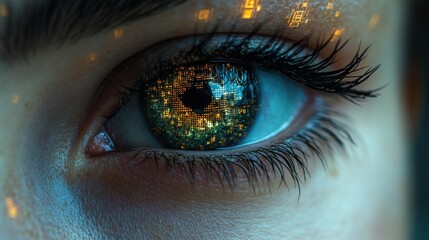 Fototapeta premium Close-up of a woman's eye with digital data reflected in the iris.