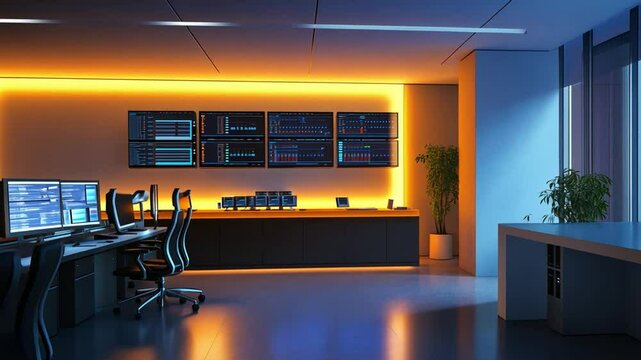 Telecommunications company office with project manager and system control