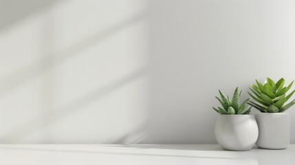 Empty workplace with white desk and succulent plants in the foreground, copy space