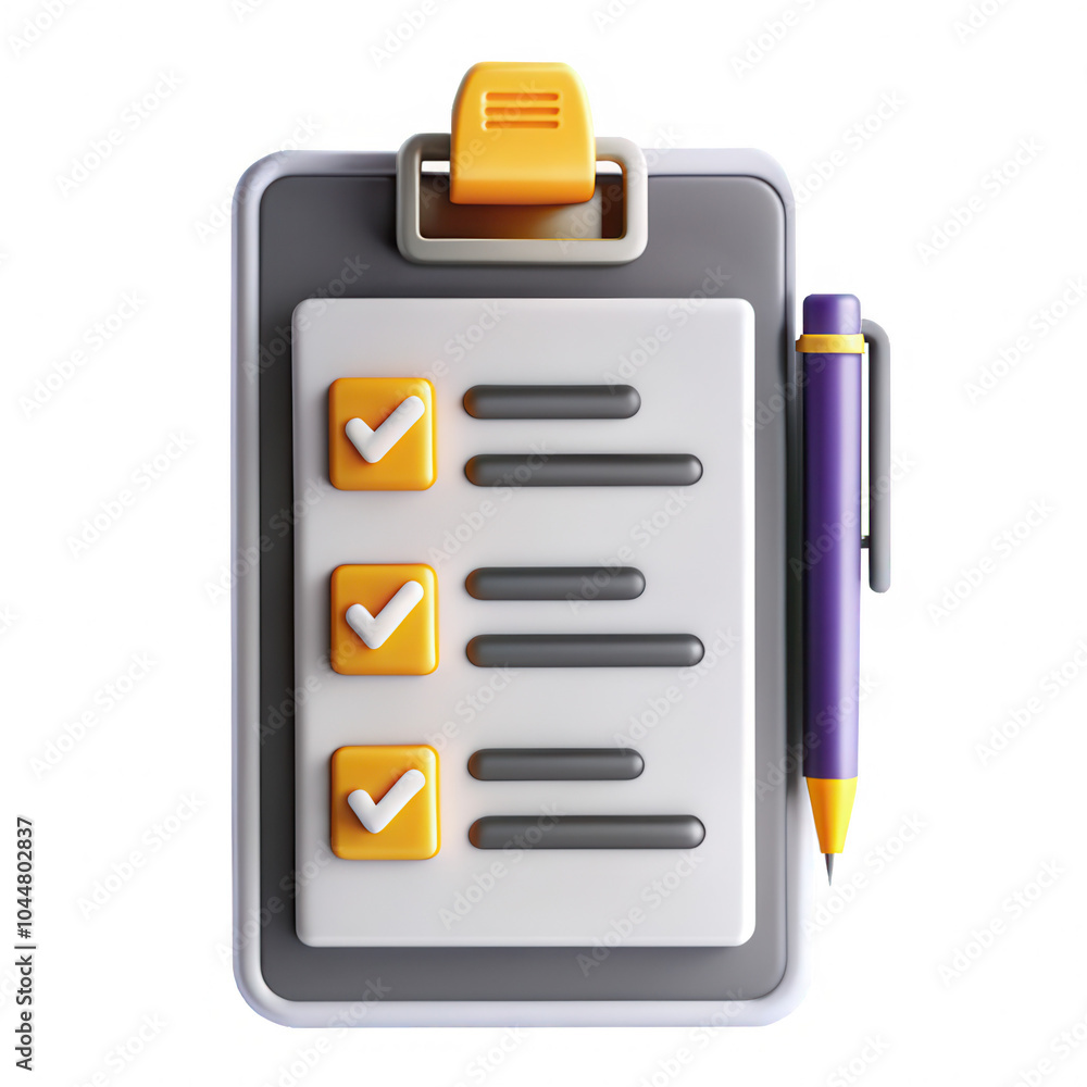 Poster a 3d render of a clipboard with a checklist, checkmarks, and a pen displayed, showcasing a modern de